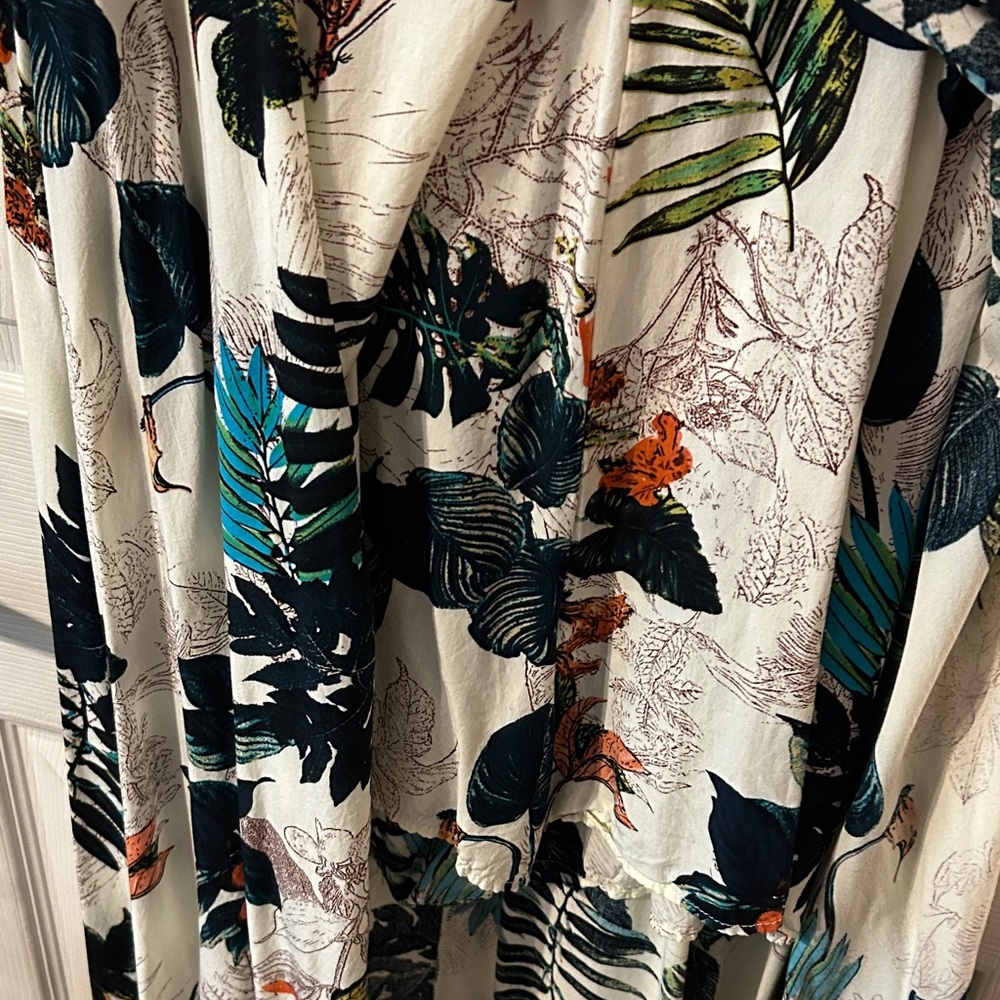 Sleeveless Tropical Print Maxi Dress in White with Green & Orange Accents - Picture 3 of 3